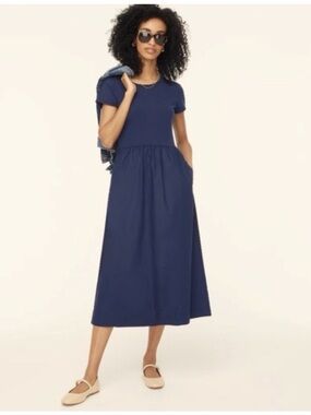 J. Crew Factory Navy Short-Sleeve Midi Dress with Pockets